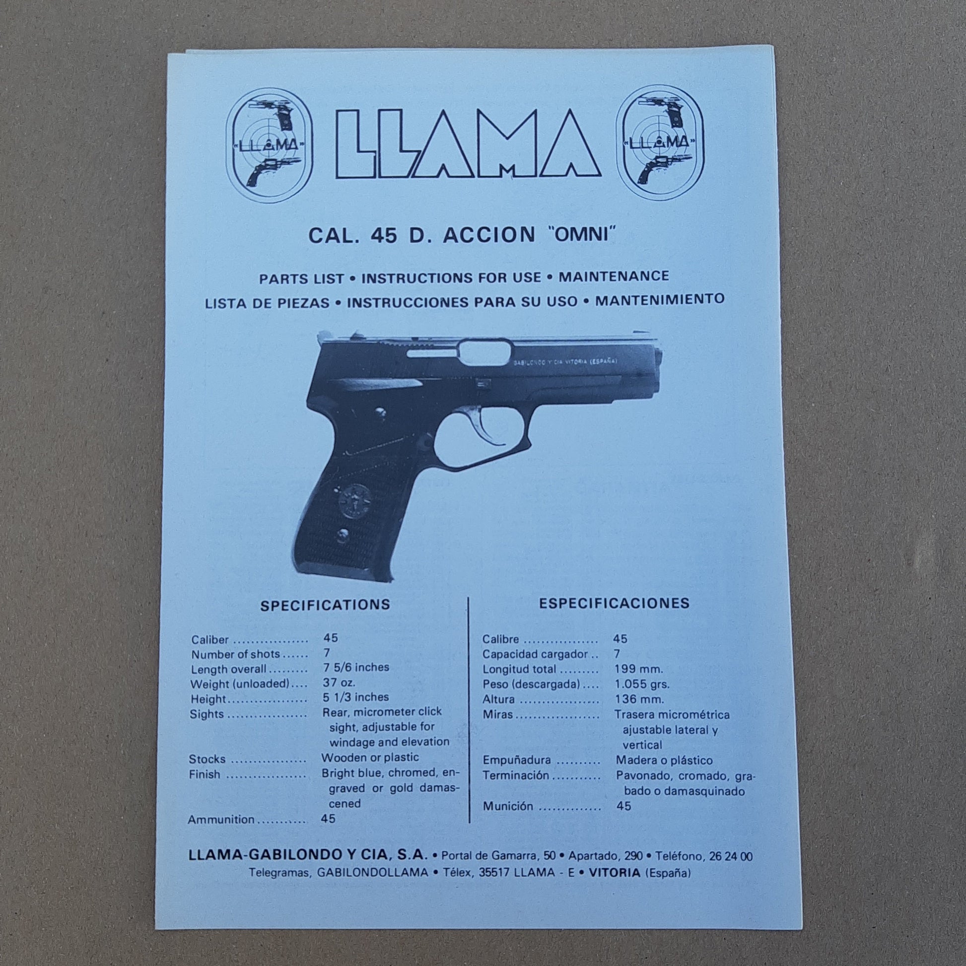 Waffenteile Anleitung Llama Pistole .45 OMNI